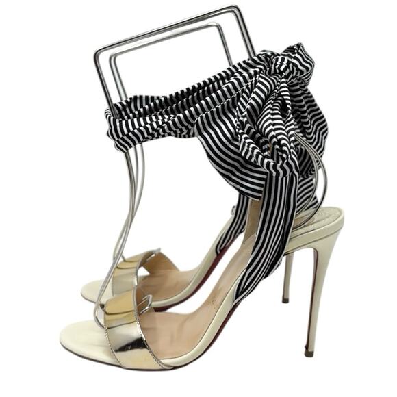 Christian Louboutin Du Desert 100mm Ankle Wrap Sandals Gold Striped Size 37.5 - Picture 4 of 9